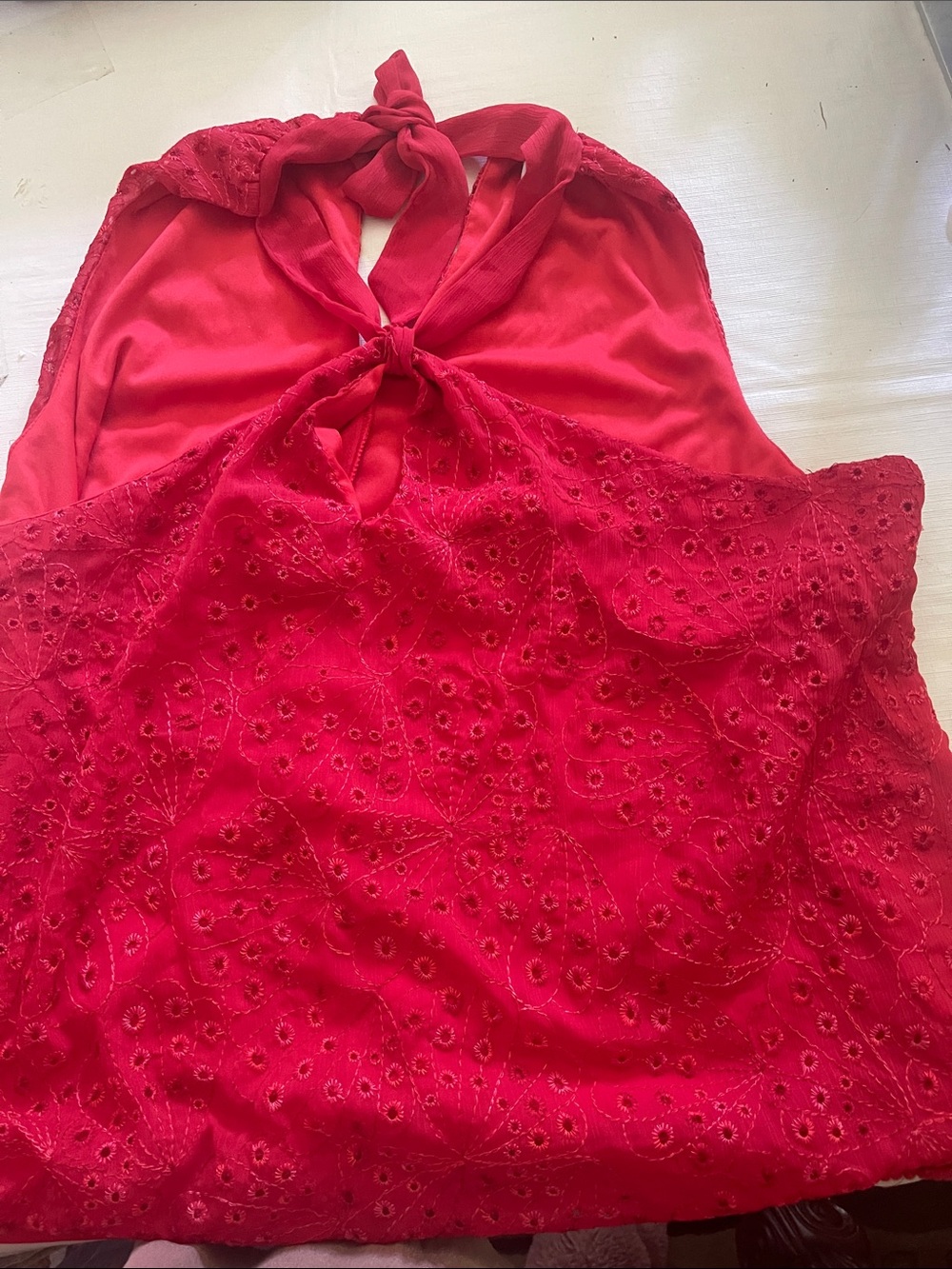 Halter Eyelet Lace Chemise in Red